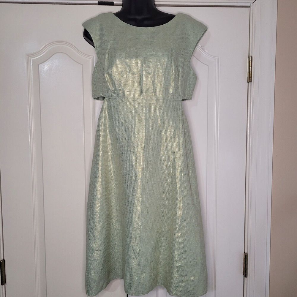 Anthropologie Maeve Pastel Green Gold‎ Linen Blend Cutout Dress Sz 6